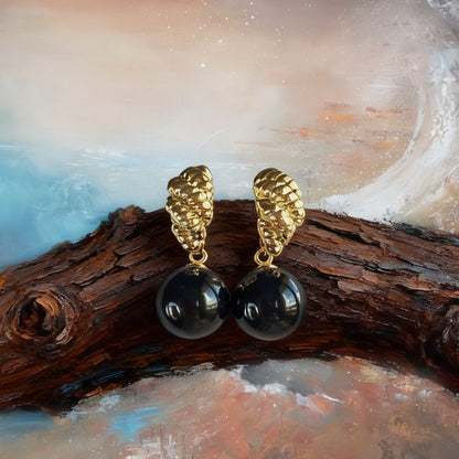 Boucles d’oreilles Perle Noire Chaîne